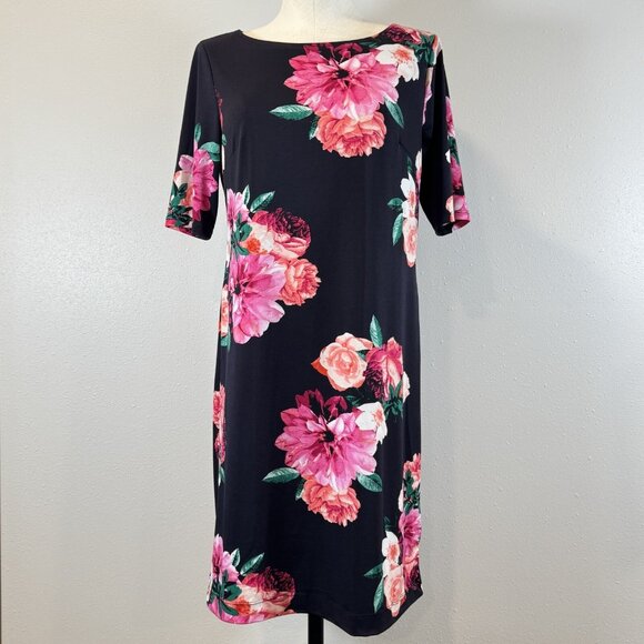 Roz & Ali Womens Black Floral Half Sleeve Dress Boat Neck Knee Length Size M - Picture 1 of 15